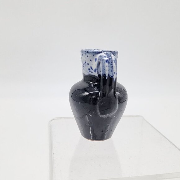 Miniature Black & Blue Speckled Ceramic Jug Vase With Handle 2.5" - Picture 3 of 7